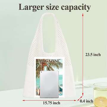 SUOSDEY Crochet Mesh Beach Tote Bag, Summer Vacation Aesthetic Knit Boho Bag for Women,white