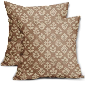 Brown Floral Pillow Covers 22x22 Inch Set of 2, Vintage Flower Block Pattern Decorative Throw Pillow...