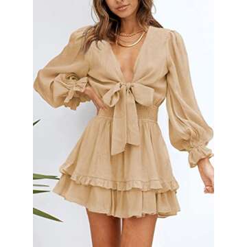 AlvaQ Women Spring Fall Long Sleeve A Line Long Dress Sweet Sexy V Neck Knot Front Sundress Fashion 2024 Nude Medium