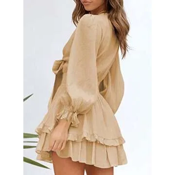 AlvaQ Women Spring Fall Long Sleeve A Line Long Dress Sweet Sexy V Neck Knot Front Sundress Fashion 2024 Nude Medium