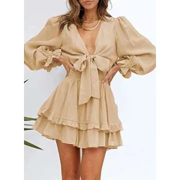 AlvaQ Women Spring Fall Long Sleeve A Line Long Dress Sweet Sexy V Neck Knot Front Sundress Fashion 2024 Nude Medium