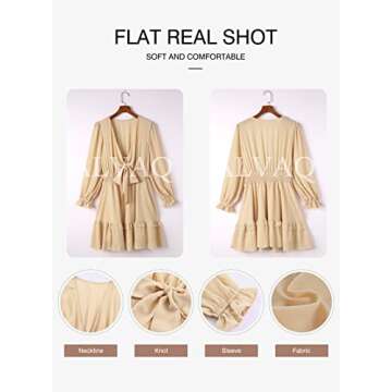 AlvaQ Women Spring Fall Long Sleeve A Line Long Dress Sweet Sexy V Neck Knot Front Sundress Fashion 2024 Nude Medium