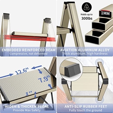 Lightweight 2 Step Ladder Stool - Elegant Gold Finish