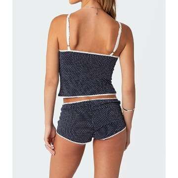 Seyurigaoka Women Y2k 2 Piece Lace Shorts Set Sleeveless V Neck Cami Top with Shorts Pajamas Sets Sleepwear (Polka Dots black, S)