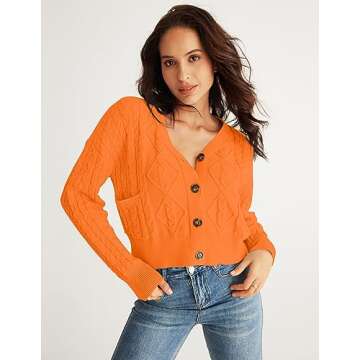 MEROKEETY Women's 2024 Fall Cable Knit Cropped Cardigans Button Down Loose Casual Sweater Short Outwears, Orange, M