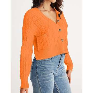 MEROKEETY Women's 2024 Fall Cable Knit Cropped Cardigans Button Down Loose Casual Sweater Short Outwears, Orange, M