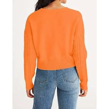 MEROKEETY Women's 2024 Fall Cable Knit Cropped Cardigans Button Down Loose Casual Sweater Short Outwears, Orange, M