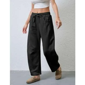 SeekMe Women's Barrel Leg Sweatpant Drawstring Elastic Waisted Wide Leg Pants Casual Cotton Palazzo Trousers with Pockets