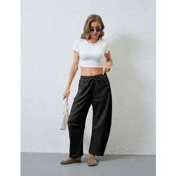 SeekMe Women's Barrel Leg Sweatpant Drawstring Elastic Waisted Wide Leg Pants Casual Cotton Palazzo Trousers with Pockets