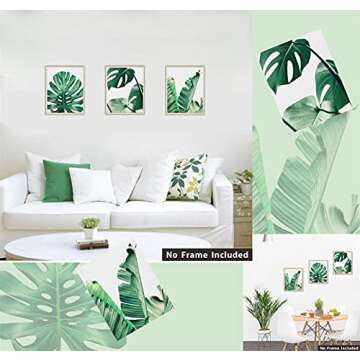 Barri Design Botanical Wall Art Prints Set of 3 Plant Leaf Wall Art Tropical Plants Pictures Palm Banana Monstera Green Leaf Wall Decor for Bedroom Living Room Wall Decorations (UNFRAMED)