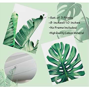Barri Design Botanical Wall Art Prints Set of 3 Plant Leaf Wall Art Tropical Plants Pictures Palm Banana Monstera Green Leaf Wall Decor for Bedroom Living Room Wall Decorations (UNFRAMED)