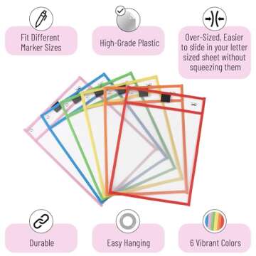 Mr. Pen- Dry Erase Pocket Sleeves, 10 x 14 Inch, 6 Pack, Colorful, Plastic,Reusable, Clear, Classroom Sleeves