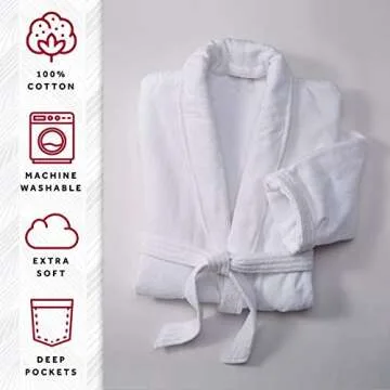 Marriott Terry Velour Robe - Bath Robes for Women - Ladies White Hotel Robe with Shawl Collar and Self-Tie Belt - Women's Robes - Spa Robe - Bathrobe for Women - One Size
