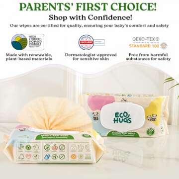 EcoHugs Unbleached Organic Bamboo Baby Wipes, with Aloe, Vitamin E, and Calendula, Hypoallergenic an...