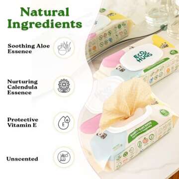 EcoHugs Unbleached Organic Bamboo Baby Wipes, with Aloe, Vitamin E, and Calendula, Hypoallergenic and Unscented, for Sensitive Skin, 240 Wipes (4 Packs)