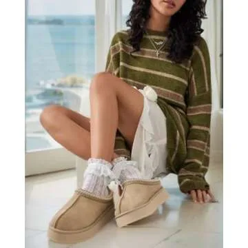 RNASBE Platform Slippers Mini Boots for Women Fleece Lined Snow Boots Anti-Slip Snow Platform Slippers for Women Winter Outdoor