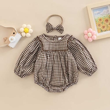 Douhoow Infant Baby Girl Plaid Romper Baby Sweatshirt Romper Ruffle Festival Clothes Fall Winter Outfits with Headband (Coffee plaid, 3-6 Months)