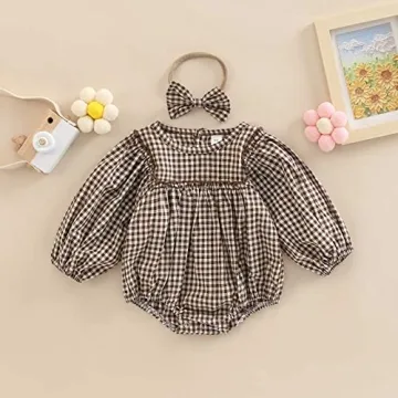 Douhoow Infant Baby Girl Plaid Romper Baby Sweatshirt Romper Ruffle Festival Clothes Fall Winter Outfits with Headband (Coffee plaid, 3-6 Months)