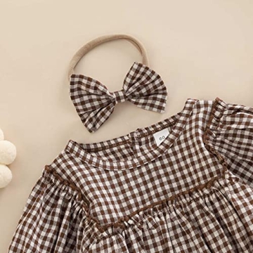 Douhoow Infant Baby Girl Plaid Romper Baby Sweatshirt Romper Ruffle Festival Clothes Fall Winter Outfits with Headband (Coffee plaid, 3-6 Months)