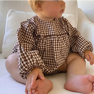 Douhoow Infant Baby Girl Plaid Romper Baby Sweatshirt Romper Ruffle Festival Clothes Fall Winter Outfits with Headband (Coffee plaid, 3-6 Months)