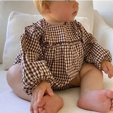 Douhoow Infant Baby Girl Plaid Romper Baby Sweatshirt Romper Ruffle Festival Clothes Fall Winter Outfits with Headband (Coffee plaid, 3-6 Months)