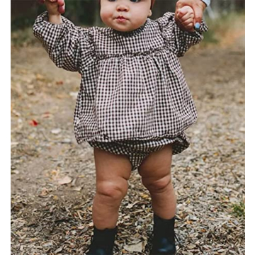 Douhoow Infant Baby Girl Plaid Romper Baby Sweatshirt Romper Ruffle Festival Clothes Fall Winter Outfits with Headband (Coffee plaid, 3-6 Months)