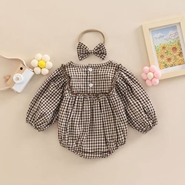 Douhoow Infant Baby Girl Plaid Romper Baby Sweatshirt Romper Ruffle Festival Clothes Fall Winter Outfits with Headband (Coffee plaid, 3-6 Months)