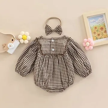 Douhoow Infant Baby Girl Plaid Romper Baby Sweatshirt Romper Ruffle Festival Clothes Fall Winter Outfits with Headband (Coffee plaid, 3-6 Months)