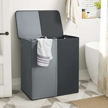 WOWLIVE Double Laundry Baseket with Lid and Removable Laundry Bags,154L Large Laundry Hamper 2 Section Collapsible Dirty Clothes Hamper for Laundry Room,College Dorm,Bathroom, Black and Grey