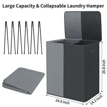WOWLIVE Double Laundry Baseket with Lid and Removable Laundry Bags,154L Large Laundry Hamper 2 Section Collapsible Dirty Clothes Hamper for Laundry Room,College Dorm,Bathroom, Black and Grey