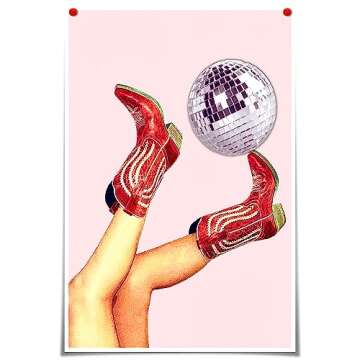 Retro Disco Ball Poster Wall Art Cowgirl Boots Print Canvas Fun Trendy Wall Art Retro Pink Room Aest...
