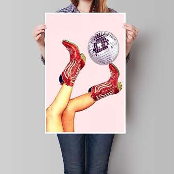 Retro Disco Ball Poster Wall Art Cowgirl Boots Print Canvas Fun Trendy Wall Art Retro Pink Room Aesthetics Girly Wall Decor Girls Room Living Room Bedroom Decor 16x24inch Unframed