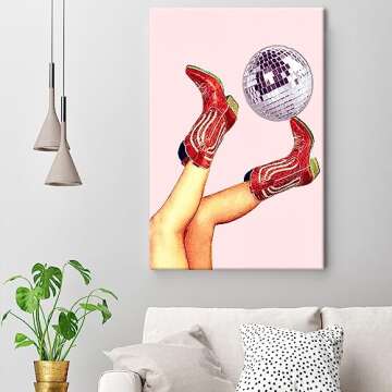 Retro Disco Ball Poster Wall Art Cowgirl Boots Print Canvas Fun Trendy Wall Art Retro Pink Room Aesthetics Girly Wall Decor Girls Room Living Room Bedroom Decor 16x24inch Unframed