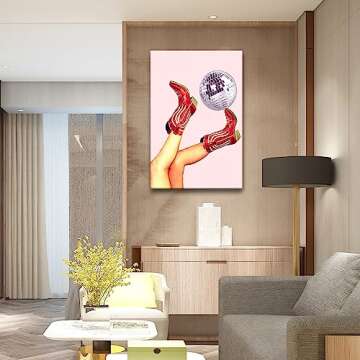Retro Disco Ball Poster Wall Art Cowgirl Boots Print Canvas Fun Trendy Wall Art Retro Pink Room Aesthetics Girly Wall Decor Girls Room Living Room Bedroom Decor 16x24inch Unframed