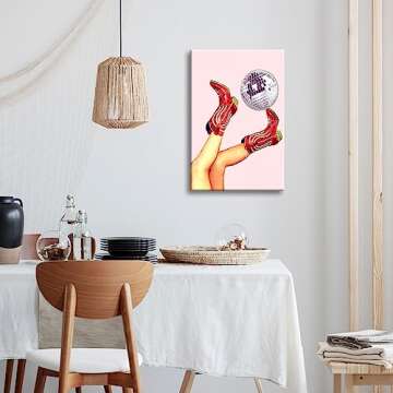 Retro Disco Ball Poster Wall Art Cowgirl Boots Print Canvas Fun Trendy Wall Art Retro Pink Room Aesthetics Girly Wall Decor Girls Room Living Room Bedroom Decor 16x24inch Unframed