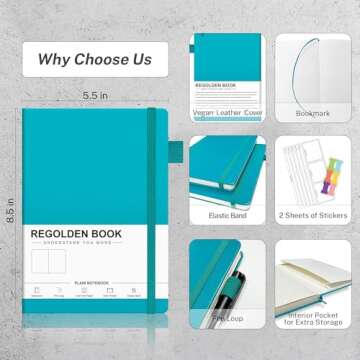 Regolden-Book Dotted Journal Dot Grid Journals A5, Thick Paper Dotted Hardcover Notebooks for School/College/Work/Office/Business, 176 Pages 8.5x5.5 (Teal)