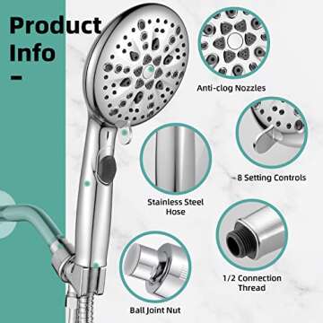 Cobbe High Pressure 9 Functions Shower Head with handheld - Luxury Modern Chrome Look, Built-in Power Spray to Clean Corner, Tub and Pets, Stainless Steel Hose Adjustable Bracket, Chrome