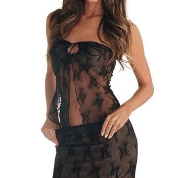 Women's Sexy Two Piece Long Skirt Set Halter Crop Tube Top and Split Maxi Skirt Summer Outfits Y2k Clubwear(A1- Black,S)