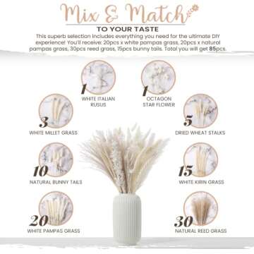 Natural Dried Pampas Grass - 85 Stems Dried Flowers Arrangements – Includes 17 Inch White Pompous Grass, Bunny Tails, Natural Reed Grass – Boho Home Decor Ideal for Wedding Decoration