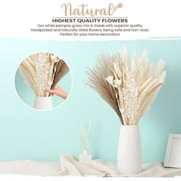Natural Dried Pampas Grass - 85 Stems Dried Flowers Arrangements – Includes 17 Inch White Pompous Grass, Bunny Tails, Natural Reed Grass – Boho Home Decor Ideal for Wedding Decoration