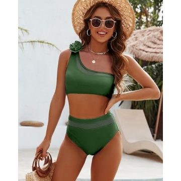 Womens High Waisted Swimsuit Two Piece One Shoulder Bikini Sets Push Up Top Full Coverage Bottoms Bathing Suit for Teen Girls