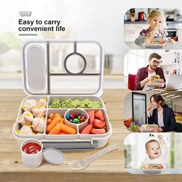 Amathley Bento box adult lunch box,lunch box kids,lunch containers for Adults/Kids/Toddler,5 Compartments bento Lunch box for kids with Sauce Vontainers,Microwave & Dishwasher & Freezer Safe(White)