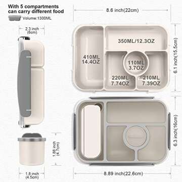Amathley Bento box adult lunch box,lunch box kids,lunch containers for Adults/Kids/Toddler,5 Compartments bento Lunch box for kids with Sauce Vontainers,Microwave & Dishwasher & Freezer Safe(White)