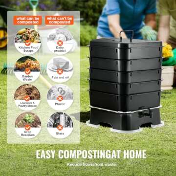 VEVOR 5-Tray Worm Composter, 50 L Worm Compost Bin Outdoor and Indoor, Sustainable Design Worm Farm Kit, for Recycling Food Waste, Worm Castings, Worm Tea, Vermiculture and Vermicomposting, Black