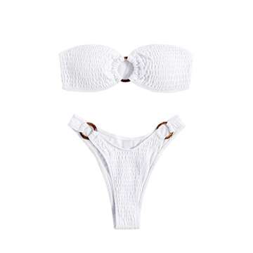 WDIRARA Women's 2 Piece Strapless Smocked Ring Bandeau Bikini Set Swimsuit Bathing Suits White M