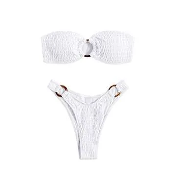 WDIRARA Women's 2 Piece Strapless Smocked Ring Bandeau Bikini Set Swimsuit Bathing Suits White M