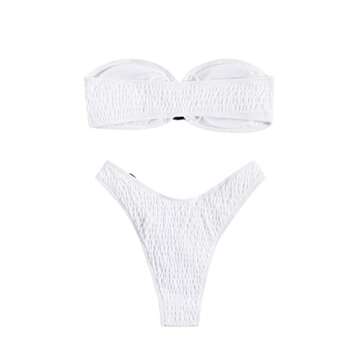 WDIRARA Women's 2 Piece Strapless Smocked Ring Bandeau Bikini Set Swimsuit Bathing Suits White M