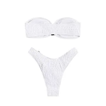 WDIRARA Women's 2 Piece Strapless Smocked Ring Bandeau Bikini Set Swimsuit Bathing Suits White M