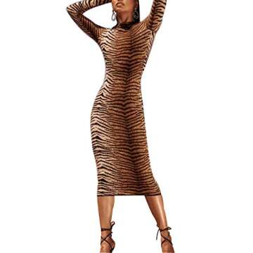 LuFeng Women's Long Sleeve High Neck Tigerskin Snakeskin Print Midi Bodycon Dress Party Club Dress