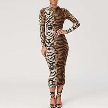 LuFeng Women's Long Sleeve High Neck Tigerskin Snakeskin Print Midi Bodycon Dress Party Club Dress